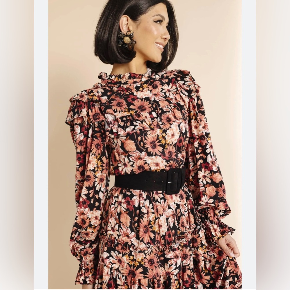 Rachel Parcell Autumn Bouquet Ruffle Long Sleeves Tiered Midi!